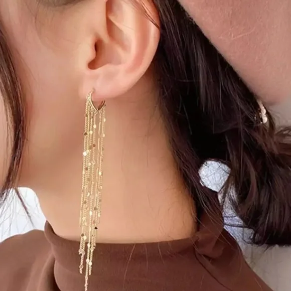 Gold geometric dangle tassel drop earrings - Picture 5 of 5